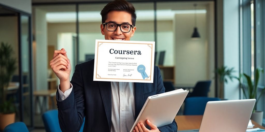 Professional with Coursera certificate in a modern office.