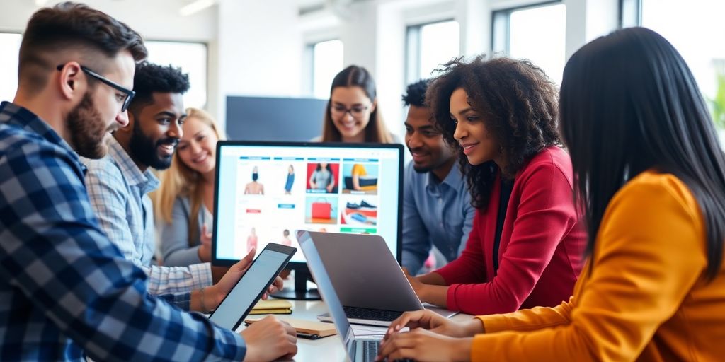 Group of people analyzing products on laptops in office.