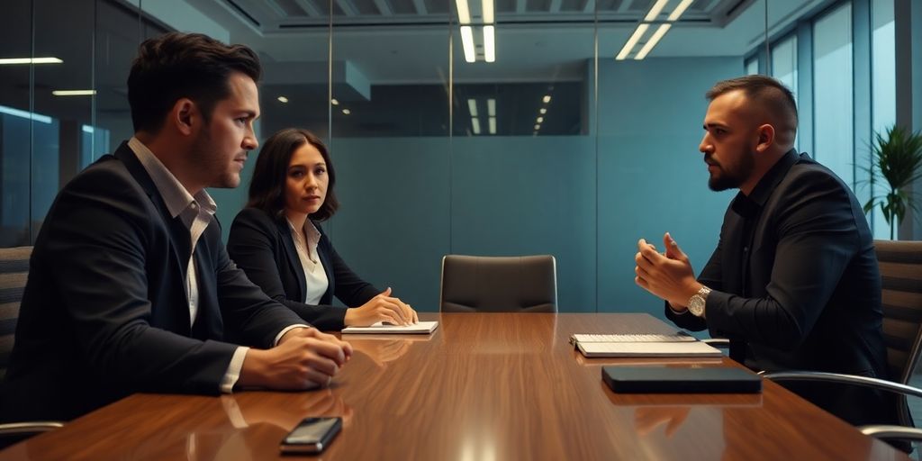 Main characters in a tense business meeting scene.