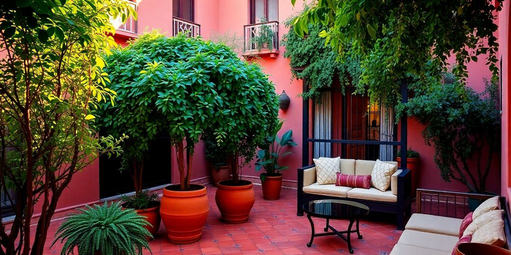 Cour de riad tranquille à Marrakech, hôtel abordable.