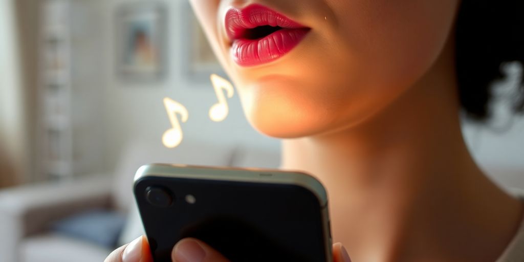 Person humming, phone held near mouth, music notes floating.