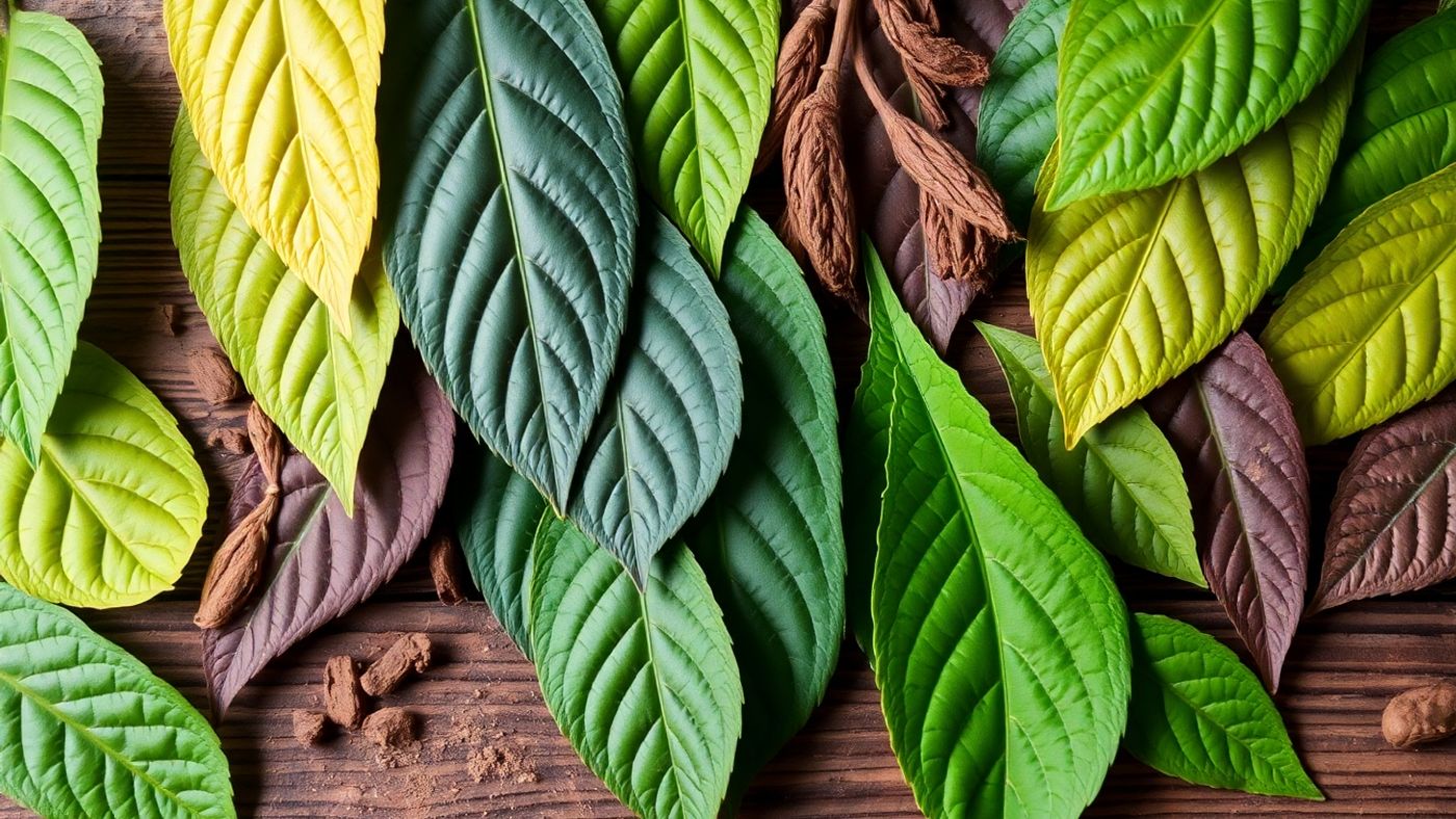 Variety of kratom leaves on a wooden surface.