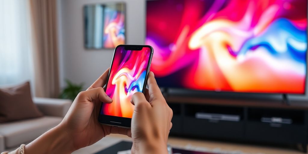 Mãos segurando celular espelhado em TV com marcas.