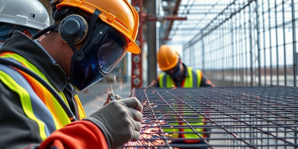 Close-up of mesh welding in a construction site.
