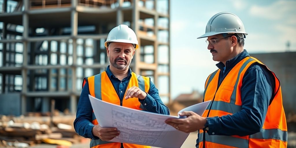 Vertragsgestaltung beim Werkvertrag: Wichtige Klauseln im Überblick Drei Männer besprechen Baupläne vor einem Rohbau.