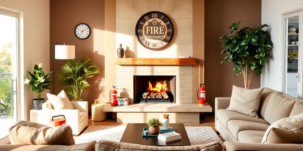 Cozy living room with fire safety equipment and fireplace.