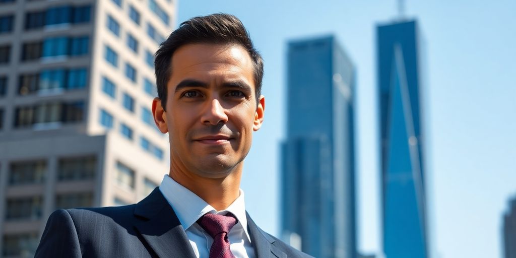 Portrait of a confident individual in a suit outdoors.