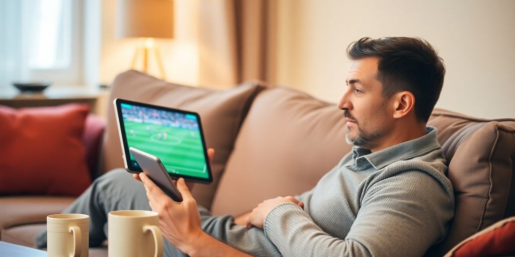 Man watching soccer on tablet.
