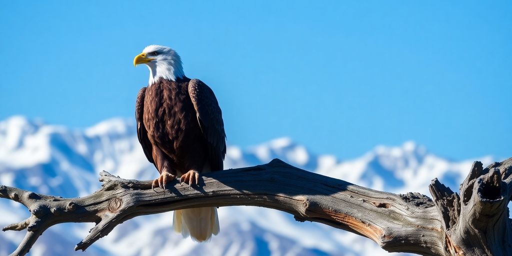 A majestic Bald Eagle perches before snowy Alaskan mountains.