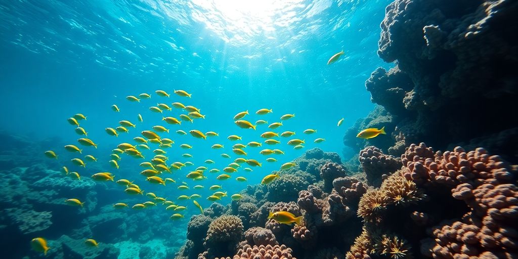 Snorkeler, colorful fish, clear water, coral reef