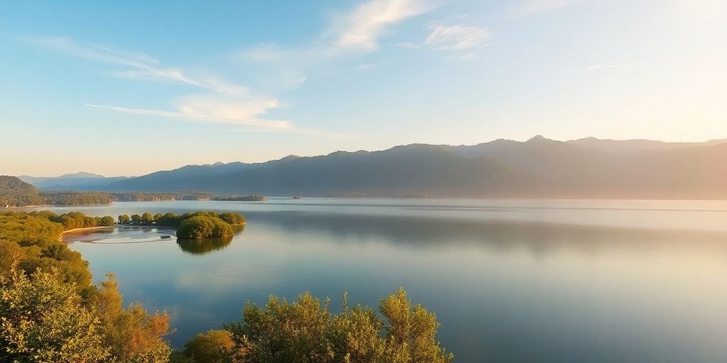 Tranquil landscape with a lake and mountains in sunlight.
