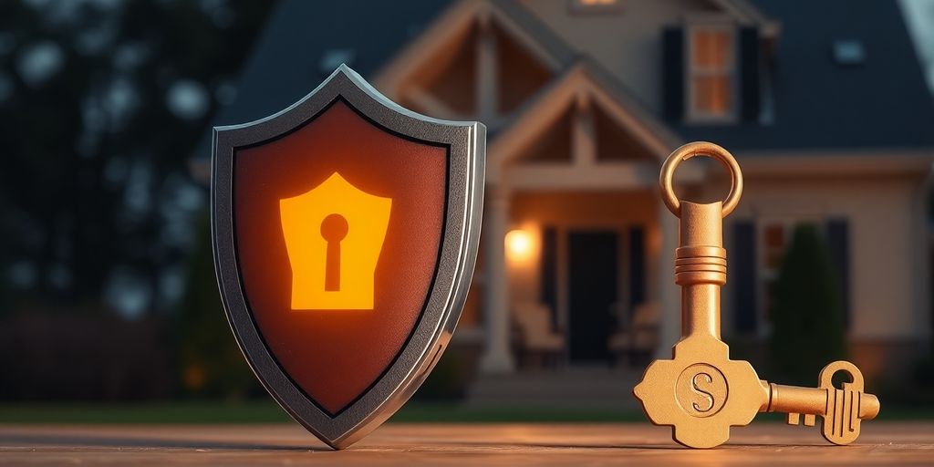 Hogar seguro con escudo protector y llave dorada.