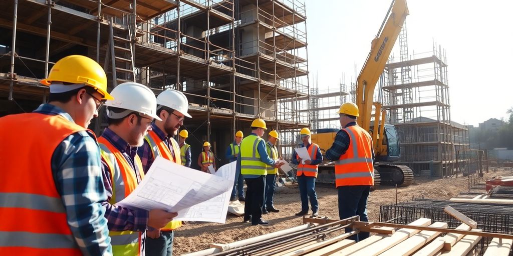 Construction site with workers and equipment.