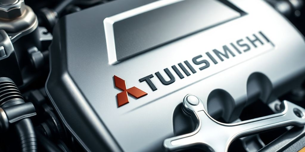 A shiny Mitsubishi car part with a wrench nearby.