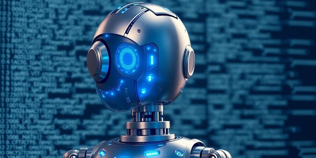 Java robot with futuristic glowing circuits and code.