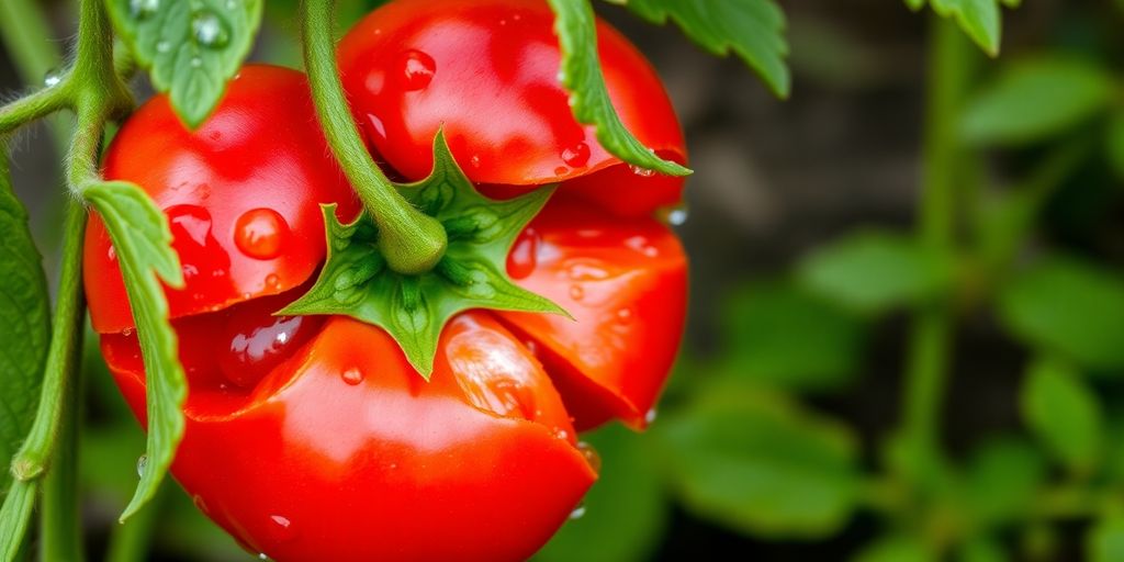 Geplatzte rote Tomate am Strauch nach dem Gießen