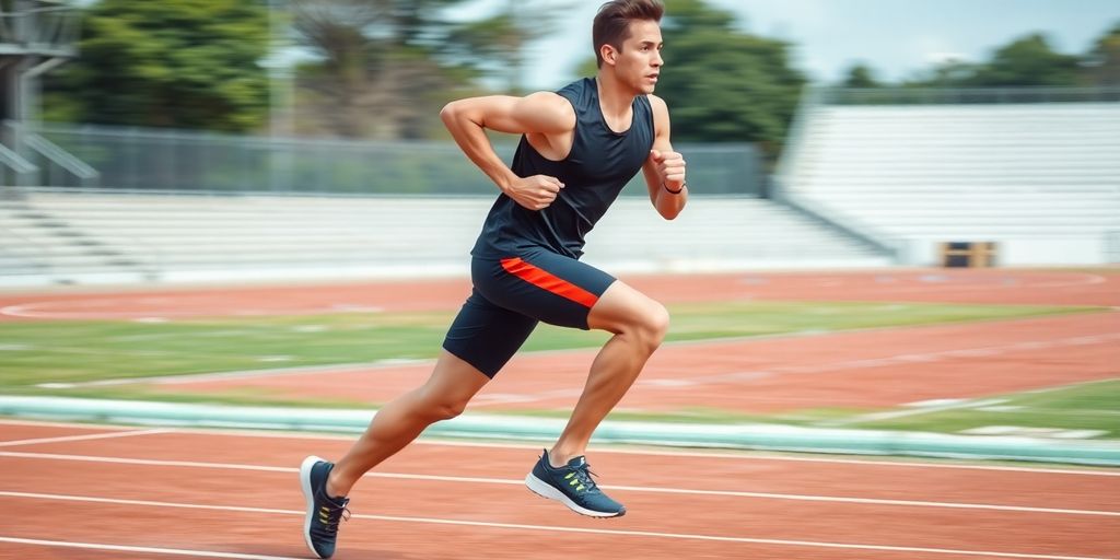 Runner sprinting on a track, capturing speed and agility.