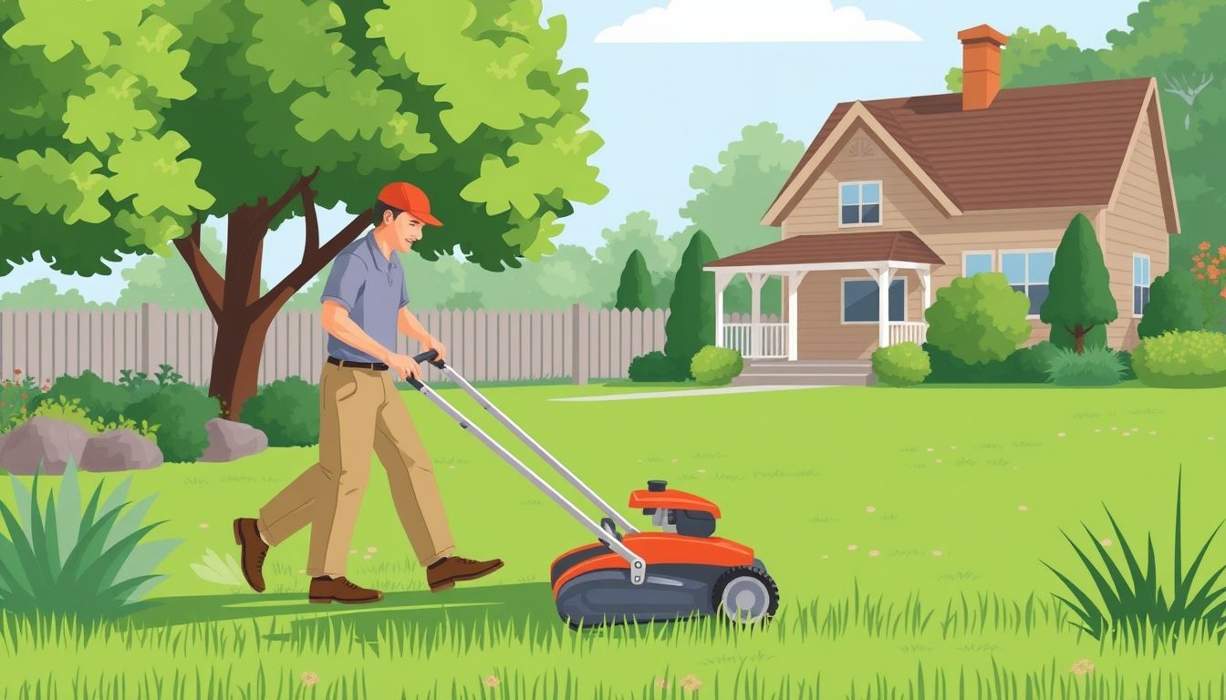 Gardener mowing lawn with house and trees.