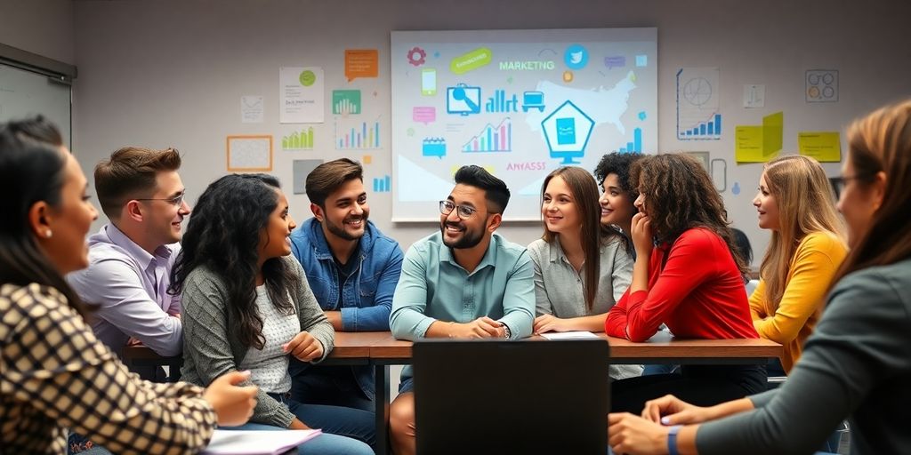 Students collaborating in a vibrant marketing strategy class.