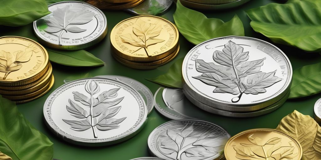 gold and silver coins with green leaves, ethical investment, sustainable finance