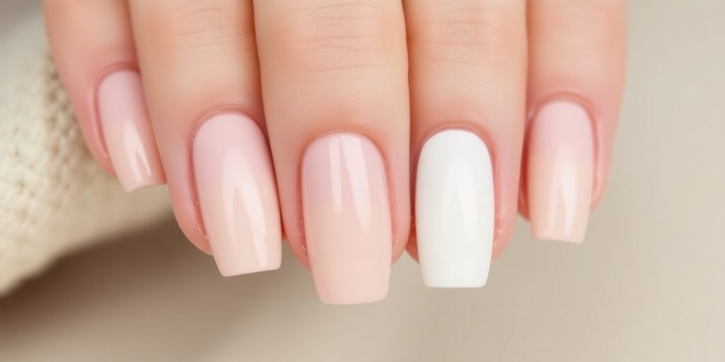 Close-up of neutral-toned press on nails.