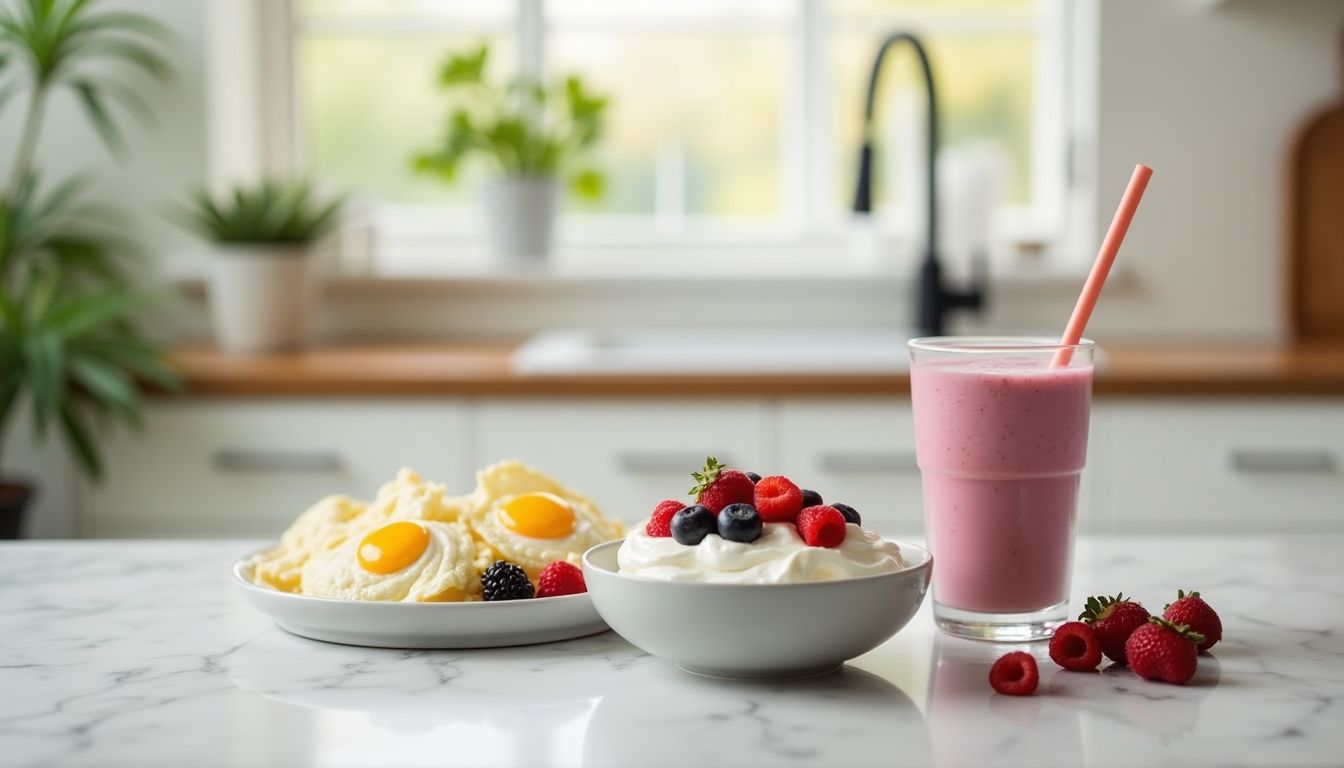 High protein low cholesterol breakfast with eggs and yogurt.