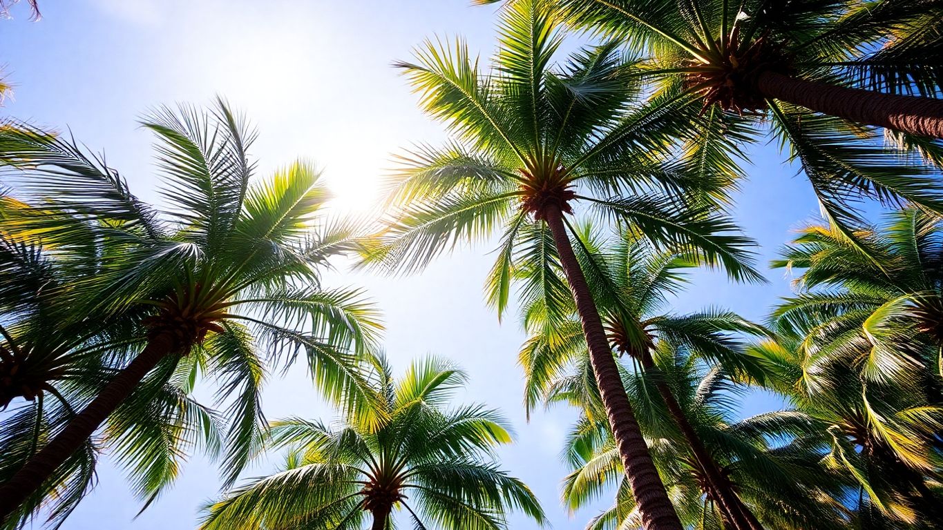 Vibrant palm trees against a clear blue sky.