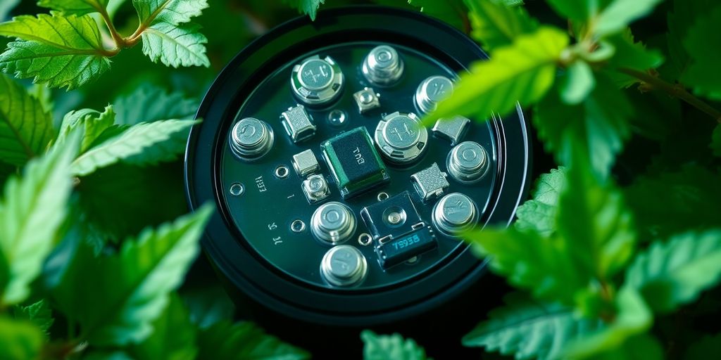 Lithium-sulfur battery with green foliage background.