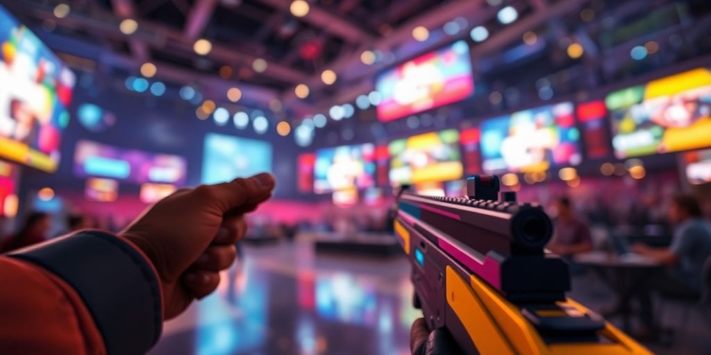 First-person shooter character aiming, bright competitive gaming arena.