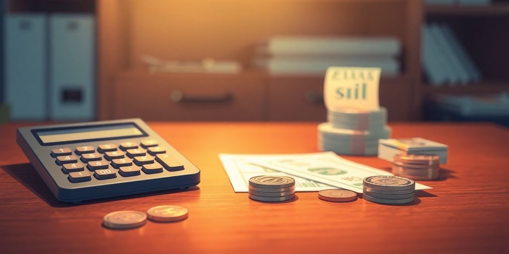 Calculator, coins, and stacks of money.