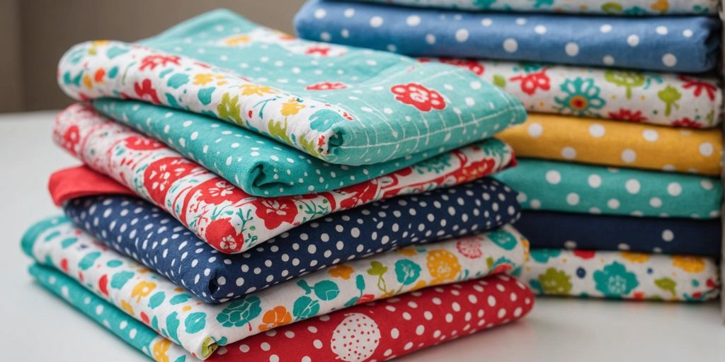 Colorful handmade baby clothes neatly folded in a stack.