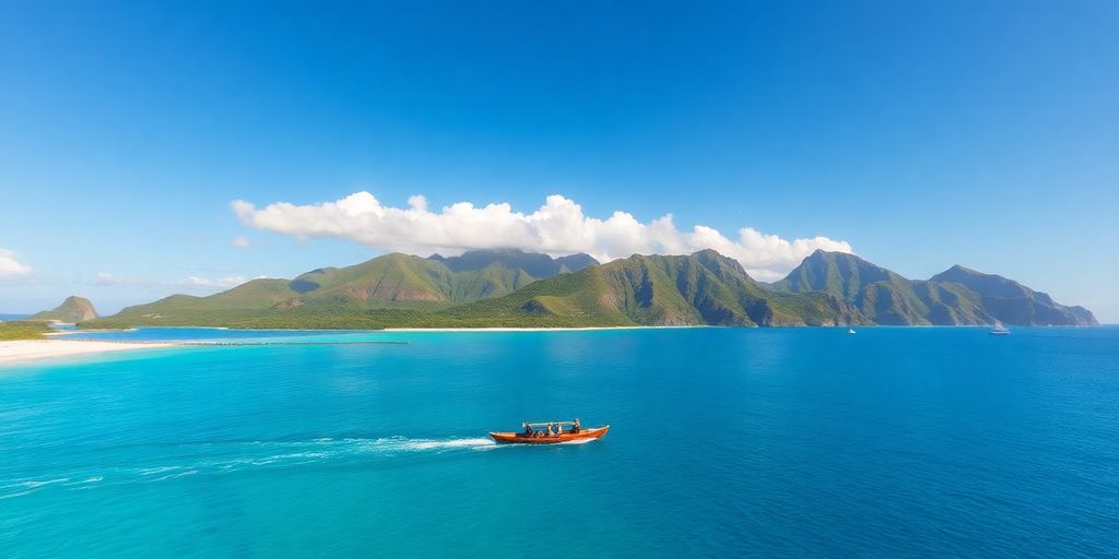 Lush green islands, clear turquoise water, outrigger canoe.
