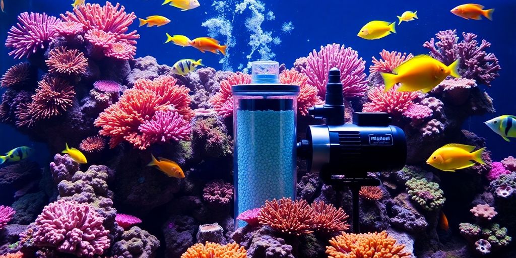 色彩斑斓的珊瑚礁水族箱，配有过滤器和泵系统。