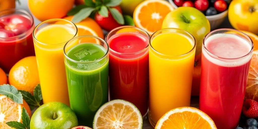 Colorful fruit juices with fresh fruits surrounding them.