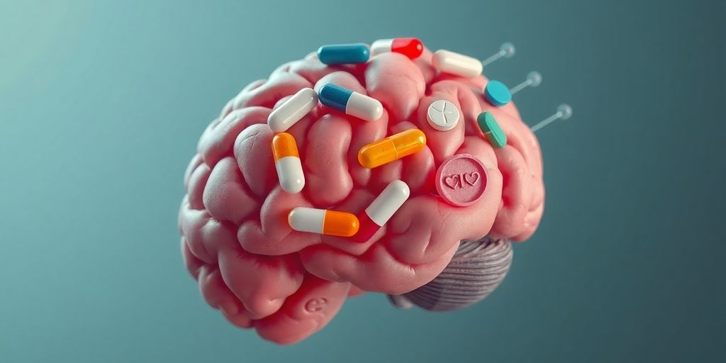 Brain scan with connected medication and therapy elements.