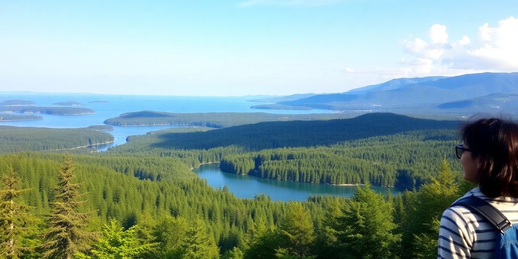 Scenic landscape of Sweden with forests and lakes.