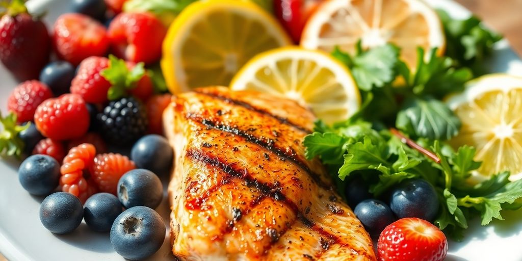 Nutritious meal with vibrant fruits, vegetables, and lean protein.
