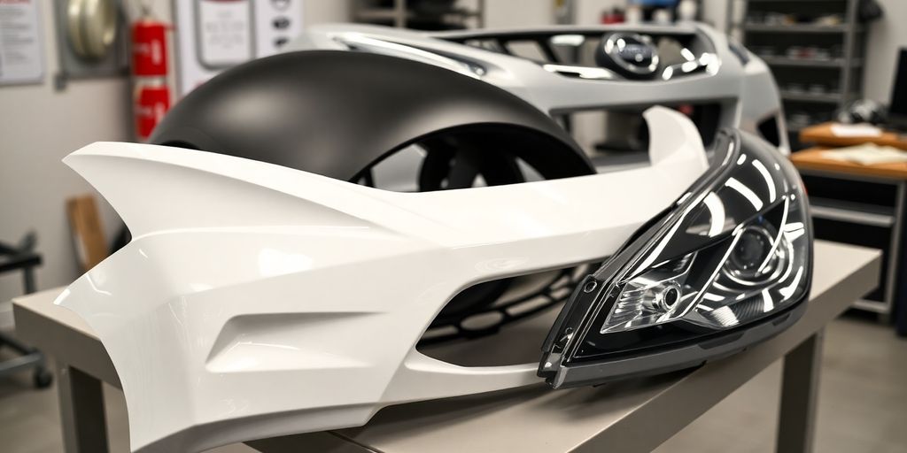 Nissan car parts on a workbench