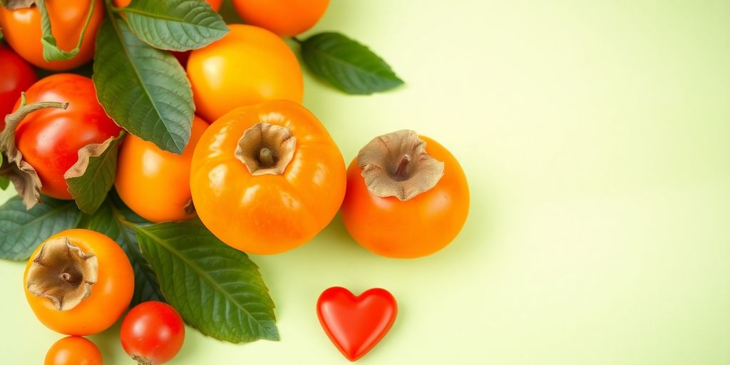 Fresh persimmons and heart leaves on a green backdrop.