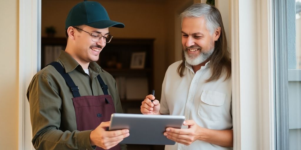 Technician helping homeowner with a tablet in a cozy home.