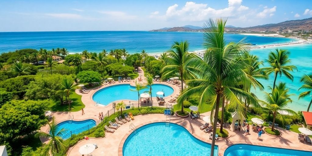 Familien genießen den Strand und die Pools des Resorts.