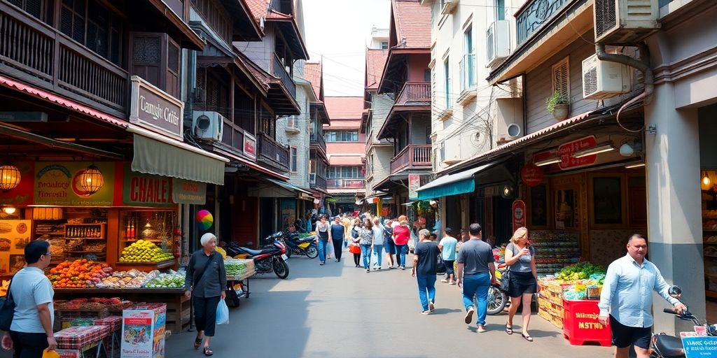 Colourful streets of Bangkok's Old Town filled with activity.