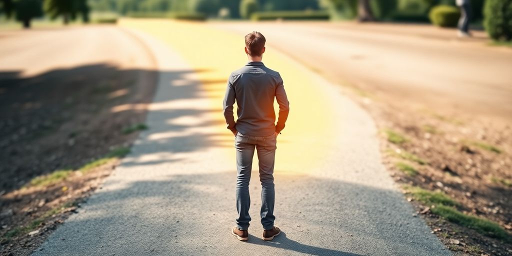 A person stands at a crossroads, looking at a clear path.