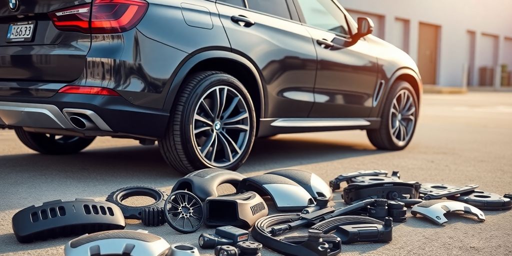 BMW X5 parked with spare parts nearby.