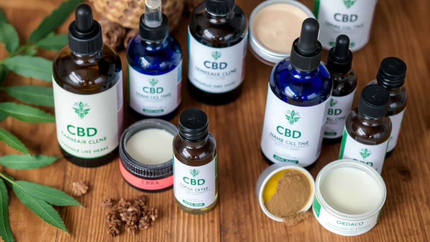 Close-up of CBD topical skincare products on wood.