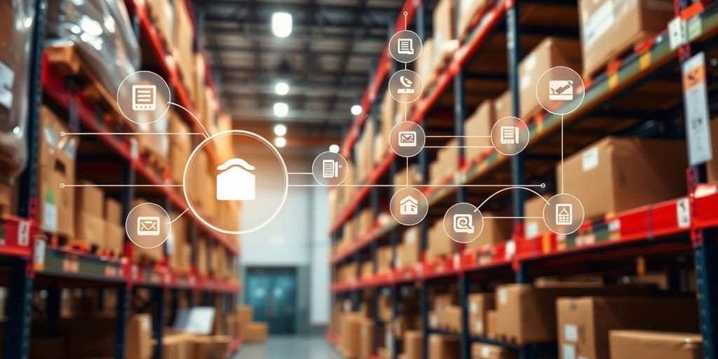 Smart sensors and RFID tags in a modern warehouse.