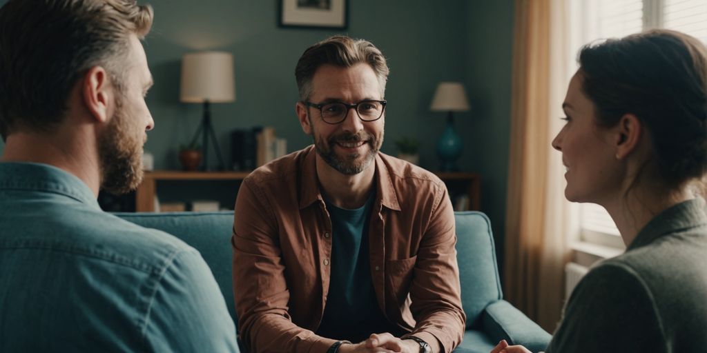 Polyamorous couple in therapy session with psychologist