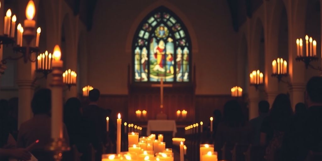 Silhouettes in a softly lit church interior during worship.