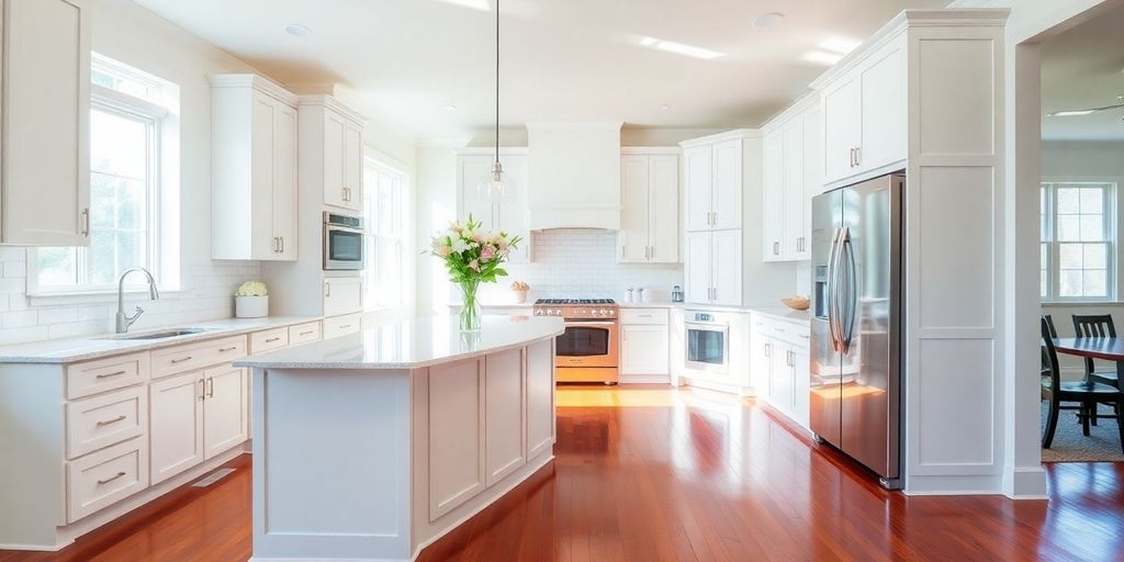 Modern kitchen with stainless steel appliances, bright and spacious.