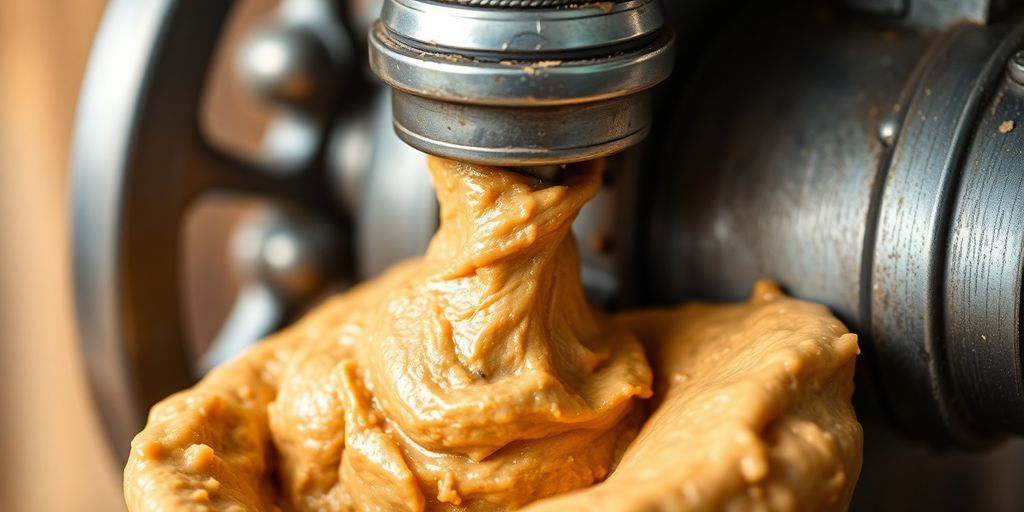 Vintage machine grinding peanuts into smooth butter.